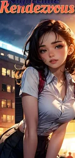 Anime girl in nighttime urban setting, vibrant city lights.