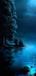 Tranquil night forest with moonlit sky and reflective water.