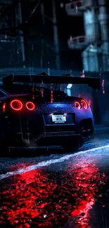Sports car at night with red taillights on wet urban street.