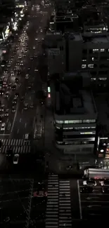 Nighttime urban street with traffic and city lights.