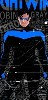 Nightwing silhouette with dynamic text and vibrant blue design.