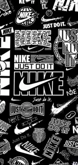 Black and white Nike logo collage mobile wallpaper with 'Just Do It' slogan.