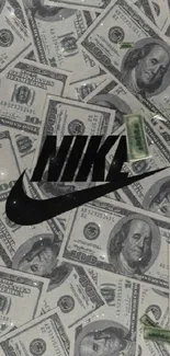 Nike logo with dollar bills as background.