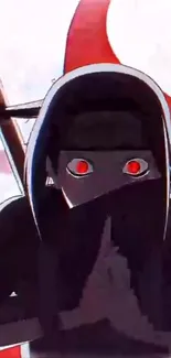 Anime ninja with red eyes on a bold background.