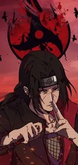 Anime ninja with dark red backdrop and symbols.