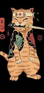 Orange ninja cat with koi fish and sword on black background.