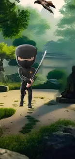 Ninja in a tranquil Japanese garden with serene greenery and traditional style.