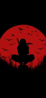 Ninja silhouetted against a full red moon with birds flying.