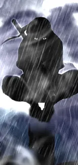 Silhouette of a ninja in rain with shadowy background.