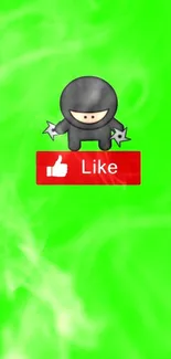 Vibrant green wallpaper with cute ninja and like button.