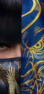 Ninja mask art with blue and gold patterns on mobile wallpaper.