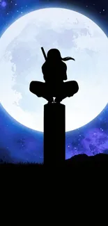 Silhouette of a ninja with a full moon backdrop, night sky in blue hues.