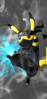 Pikachu dressed as a ninja with electric sparks on a dark gray background.