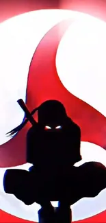 Ninja shadow in front of a bold red and white swirl background.