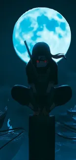 Ninja silhouette against a full moon night with an artistic anime style.