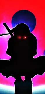 Ninja silhouette with glowing eyes on red background mobile wallpaper.