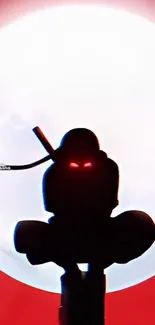 Silhouette of a ninja against a red and white background, featuring glowing eyes.