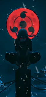 Silhouette of a ninja against a glowing red moon, creating a dramatic effect.