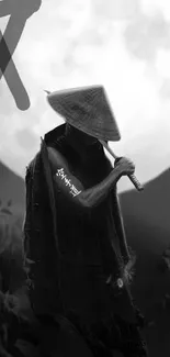 Black and white ninja silhouette under moonlit sky.