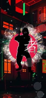 Ninja silhouette with neon backdrop, urban art mobile wallpaper.