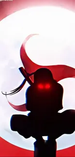 Ninja silhouette with glowing red eyes against a large moon backdrop.