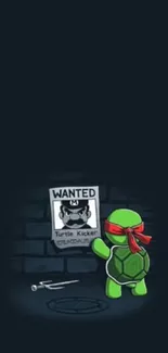 Cartoon ninja turtle in dark setting with wanted poster.