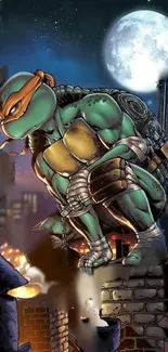 Ninja turtle perches on rooftop with full moon and cityscape background.