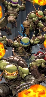 Ninja Turtles in action with fiery background, showcasing dynamic poses.