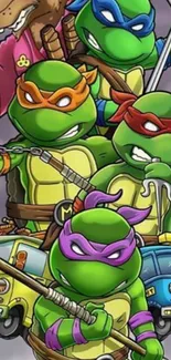 Ninja Turtles cartoon in action poses, vibrant and colorful.