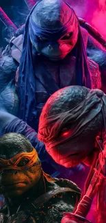 Epic Ninja Turtles in vibrant action scene.