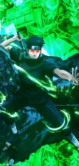 Anime ninja with green aura and sword in dynamic action pose.