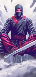 Ninja warrior in red and black with sword, surrounded by clouds.