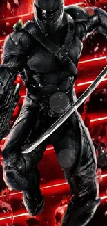 Ninja in black armor on a red, dynamic background with sword and weapon.