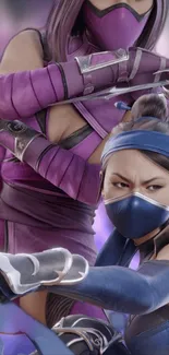 Two female ninjas in purple and blue outfits striking dynamic poses.