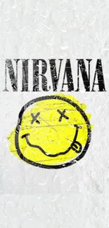 Nirvana smiley face on white textured wallpaper background.