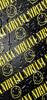 Nirvana logo wallpaper in yellow and black, featuring iconic smiley face.