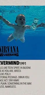 Nirvana 'Nevermind' album art with baby underwater and dollar bill.