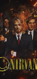 Nirvana band members in artistic wallpaper.