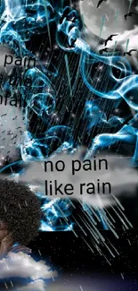 Emotional digital art wallpaper with rain and text "No pain like rain."