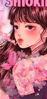 Anime girl with pink butterflies and floral design in no smoking theme.