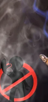 Anti-smoking wallpaper with smoke and no-smoking symbol.