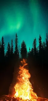 Northern lights over a forest with a glowing campfire below.