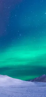 Vibrant teal aurora above snowy mountains under a starry night sky.