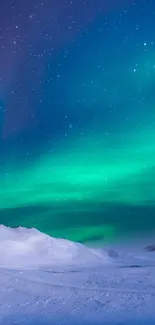 Vibrant green and blue aurora borealis over a snowy landscape.