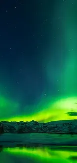 Vivid Northern Lights illuminating the night sky over a snowy landscape.