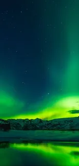 Aurora borealis over snowy mountains reflecting in a calm lake.