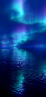 Aurora borealis over ocean creating a serene night mobile wallpaper.