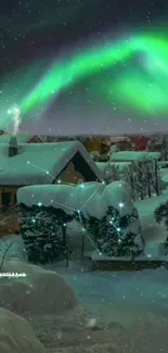 Snowy village under green northern lights.