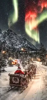 Santa's sleigh under northern lights in a snowy landscape.