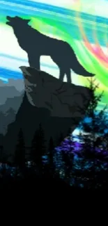 Silhouette of a wolf under colorful Northern Lights.